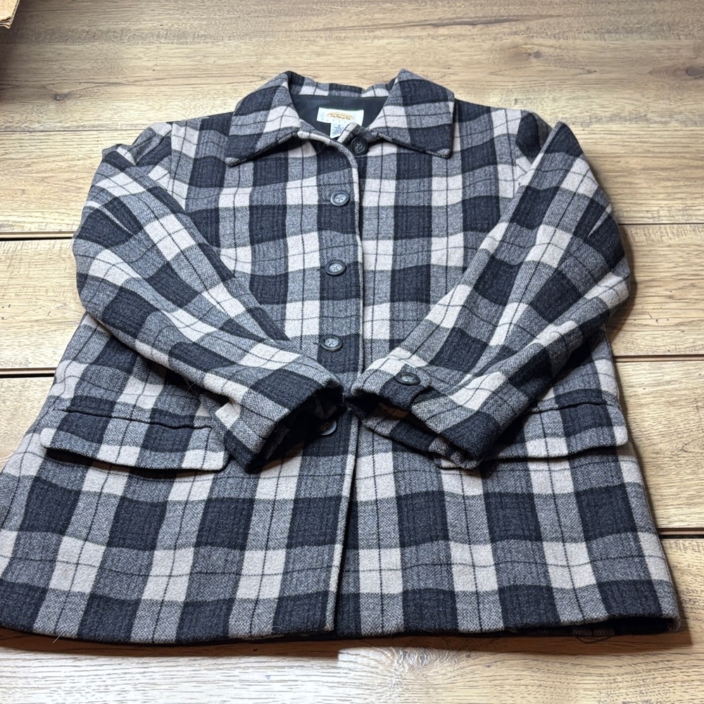 Women’s Talbots Vintage Wool Black and Cream Plaid Pea Coat Size PS Made in USA